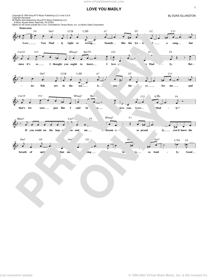 Love You Madly sheet music for voice and other instruments (fake book) by Duke Ellington, intermediate skill level