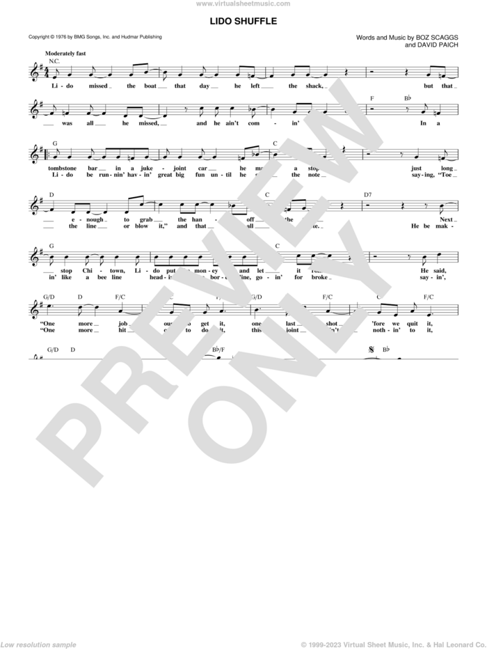Lido Shuffle sheet music for voice and other instruments (fake book) by Boz Scaggs and David Paich, intermediate skill level