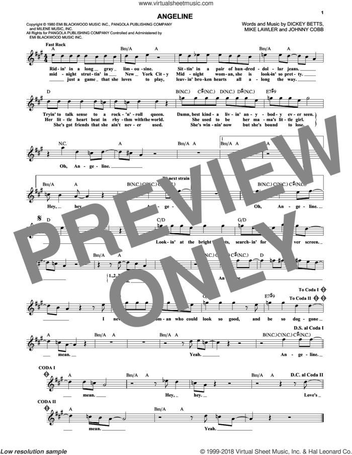 Angeline sheet music for voice and other instruments (fake book) by The Allman Brothers Band, Dickey Betts, Johnny Cobb and Mike Lawler, intermediate skill level