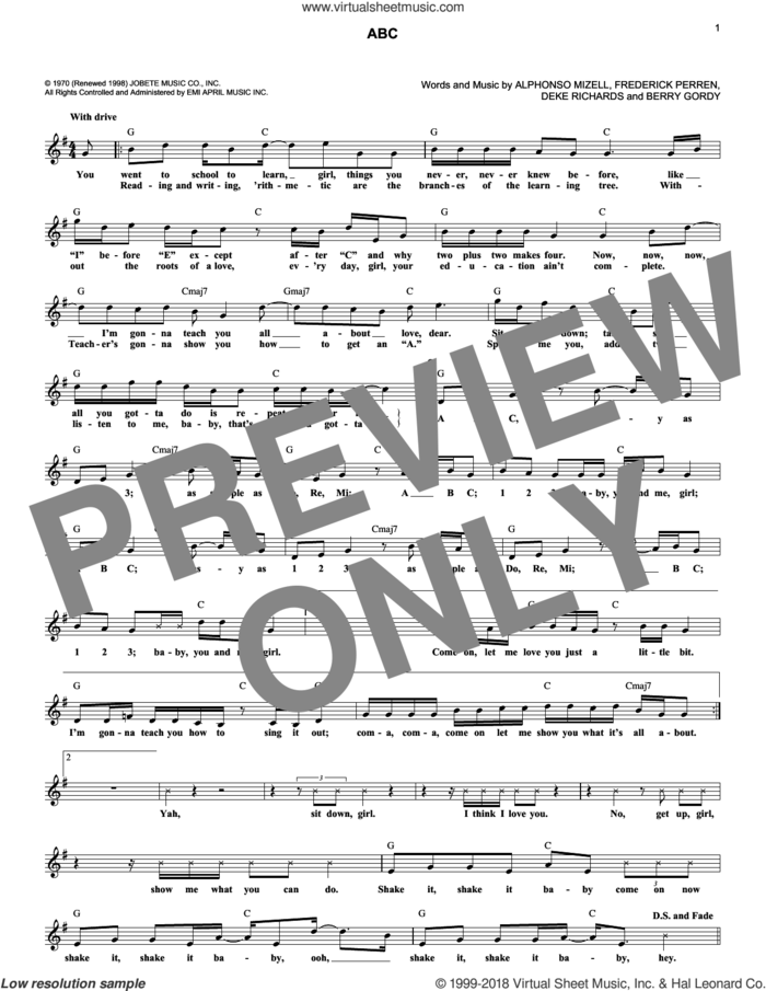 ABC sheet music for voice and other instruments (fake book) by The Jackson 5, Alphonso Mizell, Berry Gordy, Deke Richards and Frederick Perren, intermediate skill level