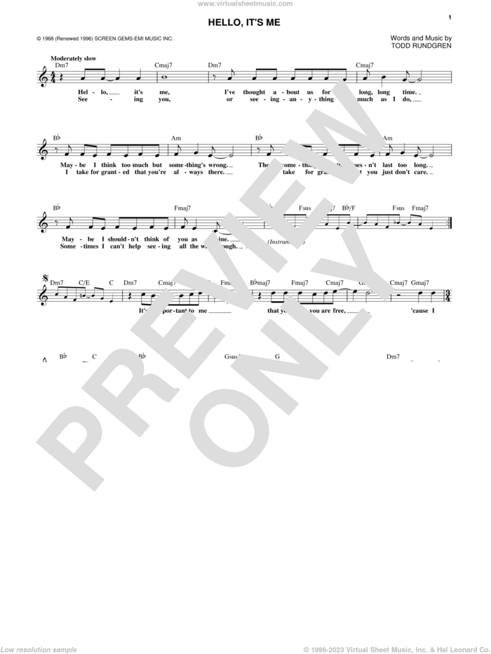 Hello, It's Me sheet music for voice and other instruments (fake book) by Todd Rundgren, intermediate skill level