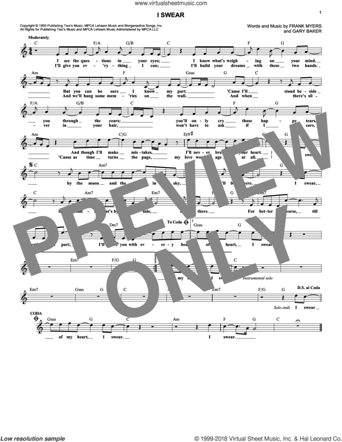 I Swear sheet music for voice and other instruments (fake book) by All-4-One, John Michael Montgomery, Frank Myers and Gary Baker, wedding score, intermediate skill level