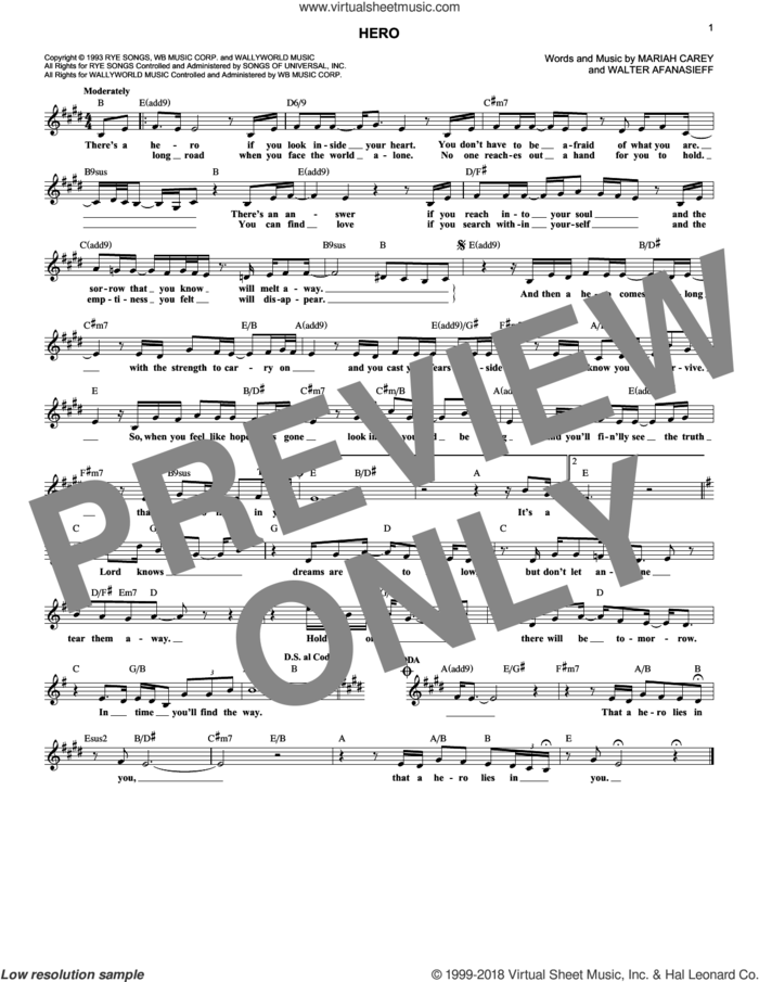 Hero sheet music for voice and other instruments (fake book) by Mariah Carey and Walter Afanasieff, intermediate skill level