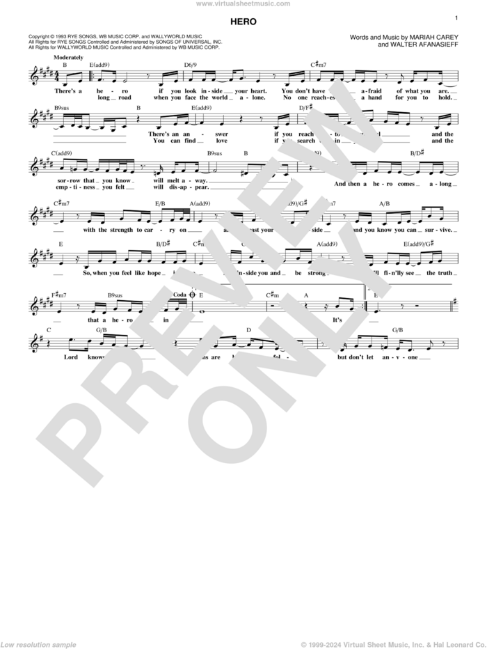 Hero sheet music for voice and other instruments (fake book) by Mariah Carey and Walter Afanasieff, wedding score, intermediate skill level