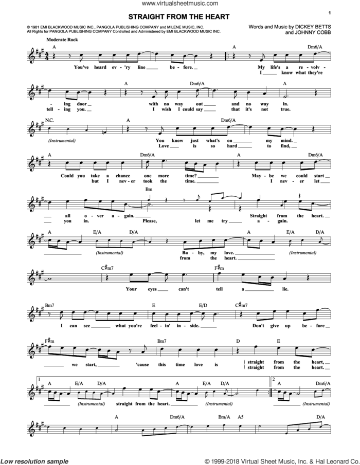 Straight From The Heart sheet music for voice and other instruments (fake book) by The Allman Brothers Band, Dickey Betts and Johnny Cobb, intermediate skill level