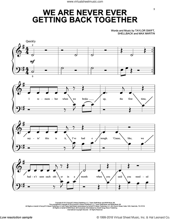 We Are Never Ever Getting Back Together sheet music for piano solo (big note book) by Taylor Swift, Max Martin and Shellback, easy piano (big note book)