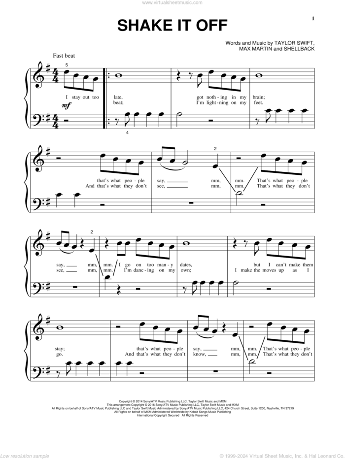 Shake It Off sheet music for piano solo by Taylor Swift, Johan Schuster, Max Martin and Shellback, beginner skill level