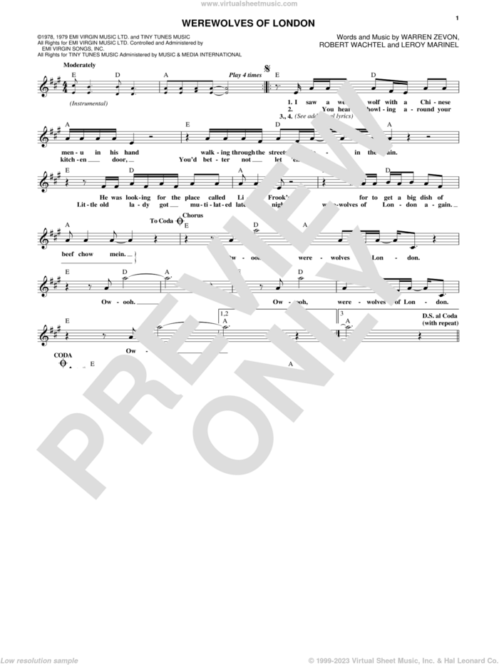 Werewolves Of London sheet music for voice and other instruments (fake book) by Warren Zevon, Leroy Marinell and Waddy Wachtel, intermediate skill level