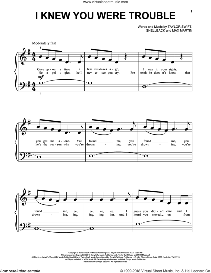 I Knew You Were Trouble sheet music for piano solo (big note book) by Taylor Swift, Max Martin and Shellback, easy piano (big note book)