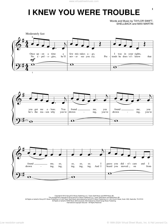 I Knew You Were Trouble, (beginner) sheet music for piano solo by Taylor Swift, Max Martin and Shellback, beginner skill level