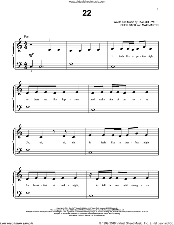 22 sheet music for piano solo (big note book) by Taylor Swift, Max Martin and Shellback, easy piano (big note book)
