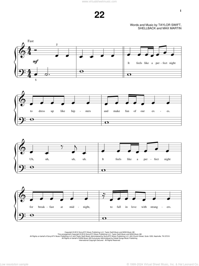 22, (beginner) sheet music for piano solo by Taylor Swift, Max Martin and Shellback, beginner skill level