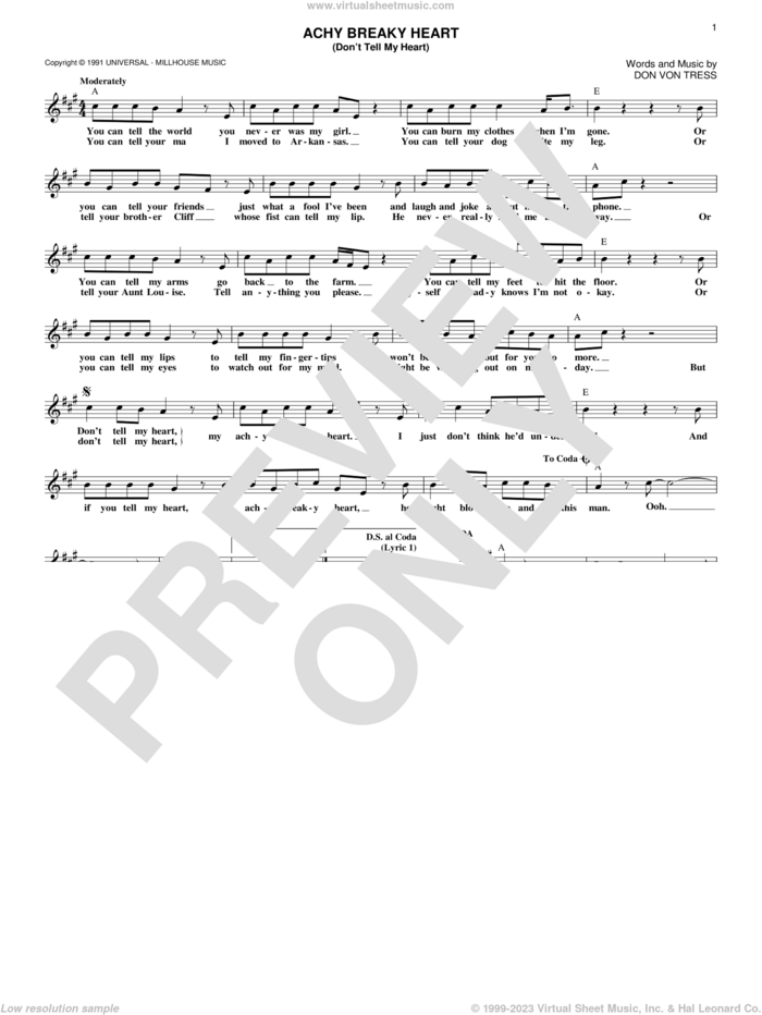 Achy Breaky Heart (Don't Tell My Heart) sheet music for voice and other instruments (fake book) by Billy Ray Cyrus and Don Von Tress, intermediate skill level