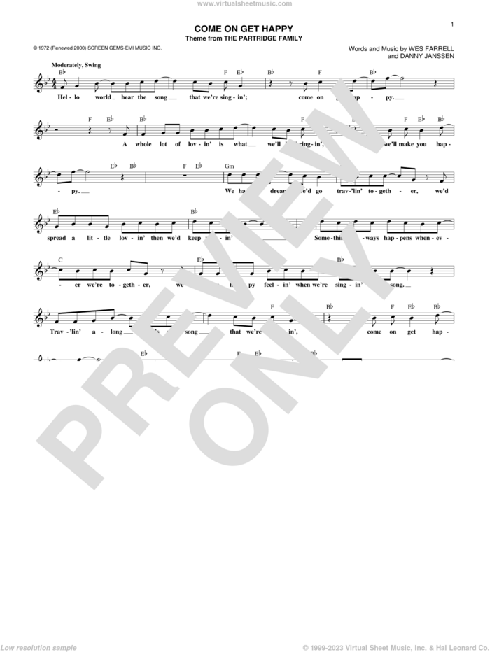 Come On Get Happy sheet music for voice and other instruments (fake book) by The Partridge Family, Danny Janssen and Wes Farrell, intermediate skill level