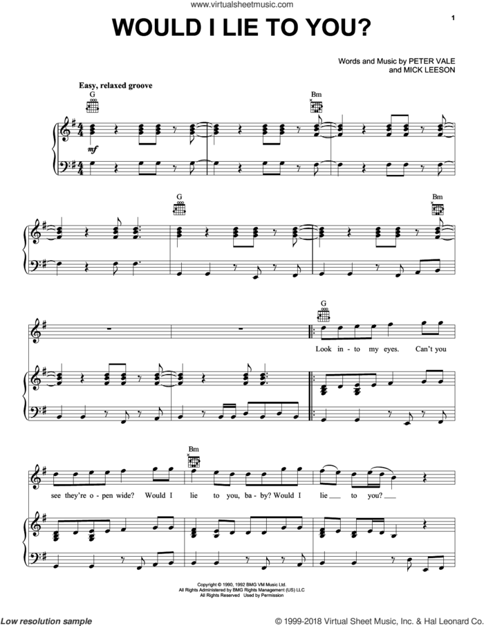 Would I Lie To You? sheet music for voice, piano or guitar by Charles & Eddie, Mick Leeson and Peter Vale, intermediate skill level