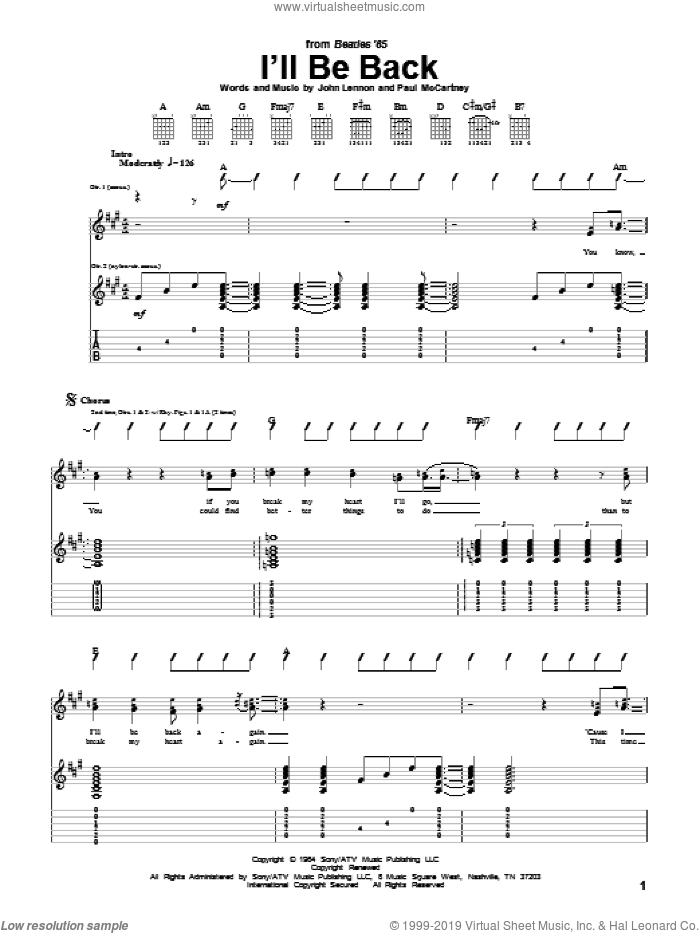 I'll Be Back sheet music for guitar (tablature) by The Beatles, John Lennon and Paul McCartney, intermediate skill level