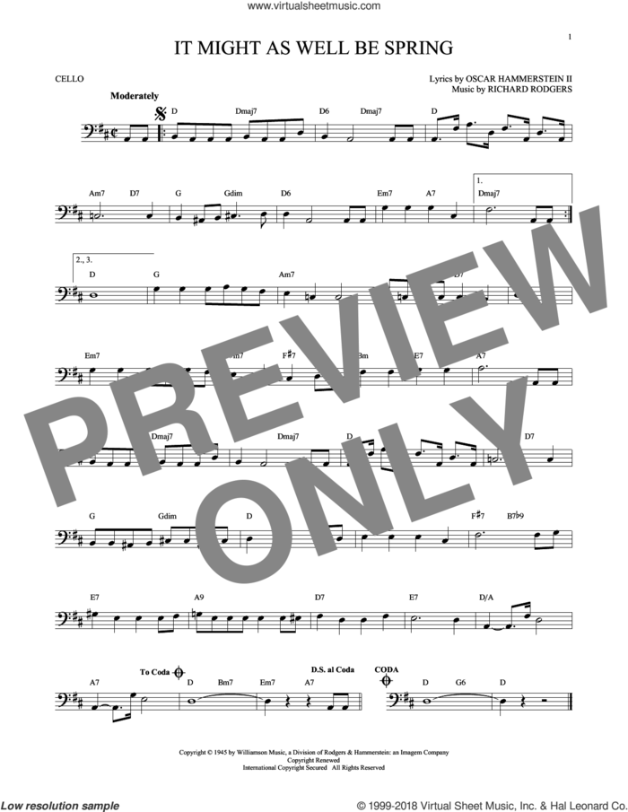 It Might As Well Be Spring sheet music for cello solo by Rodgers & Hammerstein, Oscar II Hammerstein and Richard Rodgers, intermediate skill level