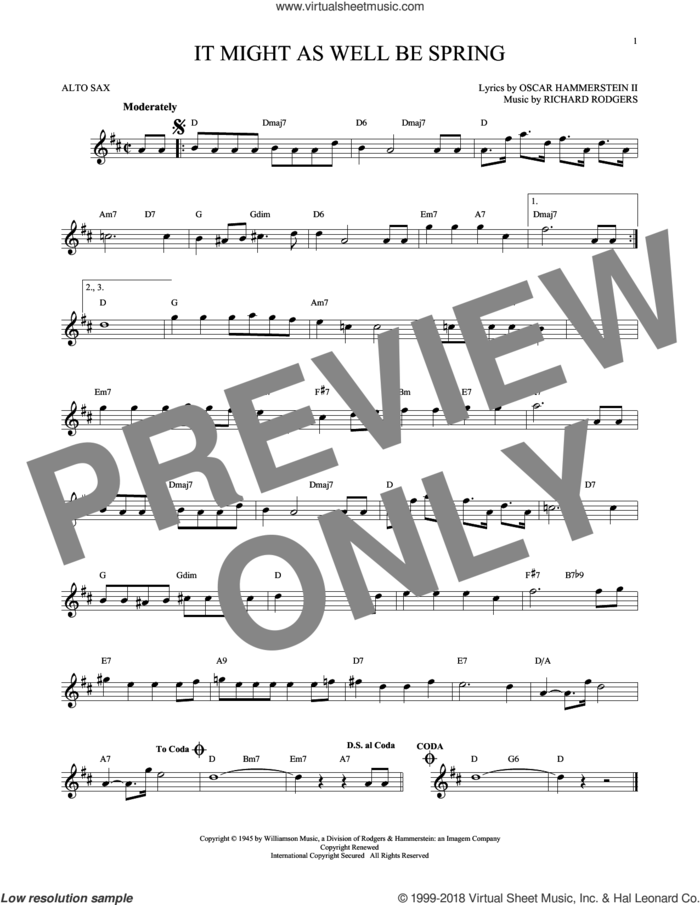 It Might As Well Be Spring sheet music for alto saxophone solo by Rodgers & Hammerstein, Oscar II Hammerstein and Richard Rodgers, intermediate skill level