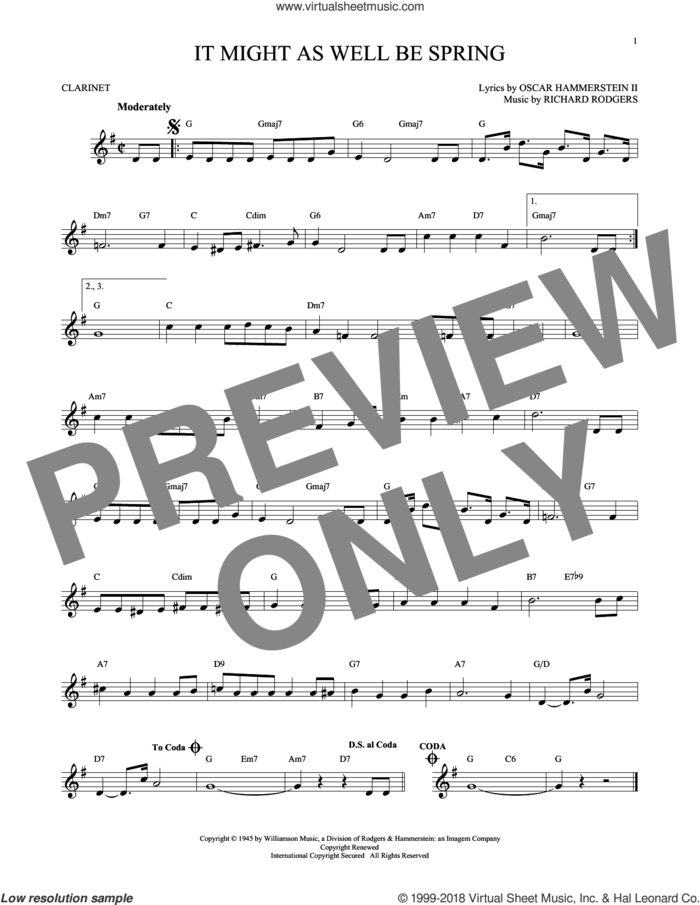 It Might As Well Be Spring sheet music for clarinet solo by Rodgers & Hammerstein, Oscar II Hammerstein and Richard Rodgers, intermediate skill level