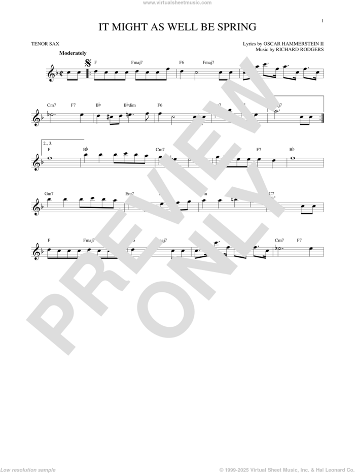 It Might As Well Be Spring sheet music for tenor saxophone solo by Rodgers & Hammerstein, Oscar II Hammerstein and Richard Rodgers, intermediate skill level