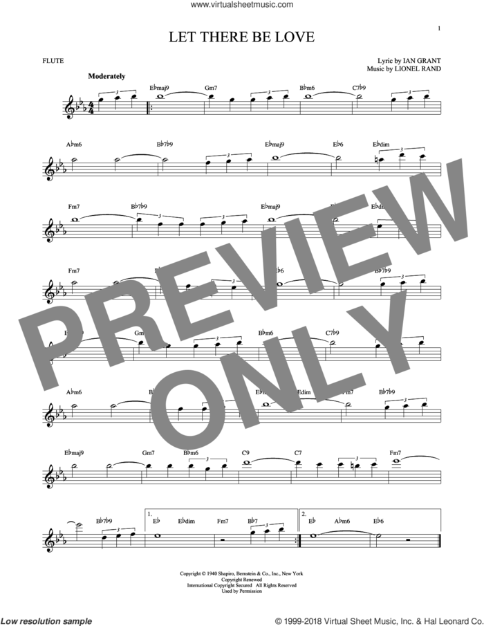 Let There Be Love sheet music for flute solo by Ian Grant and Lionel Rand, intermediate skill level