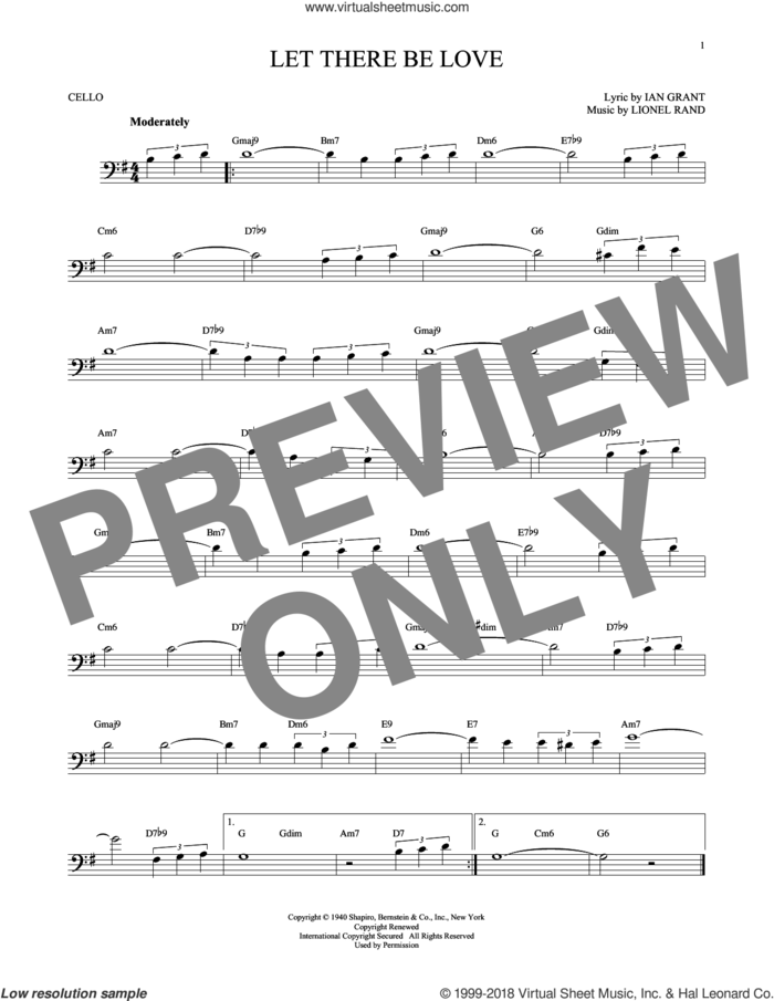 Let There Be Love sheet music for cello solo by Ian Grant and Lionel Rand, intermediate skill level