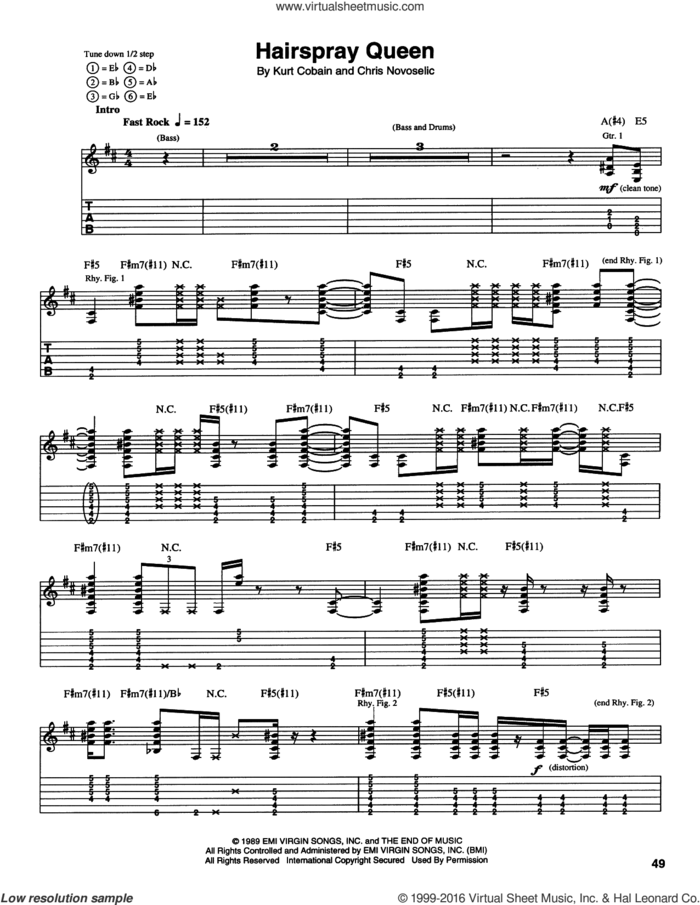 Hairspray Queen sheet music for guitar (tablature) by Nirvana, Krist Novoselic and Kurt Cobain, intermediate skill level