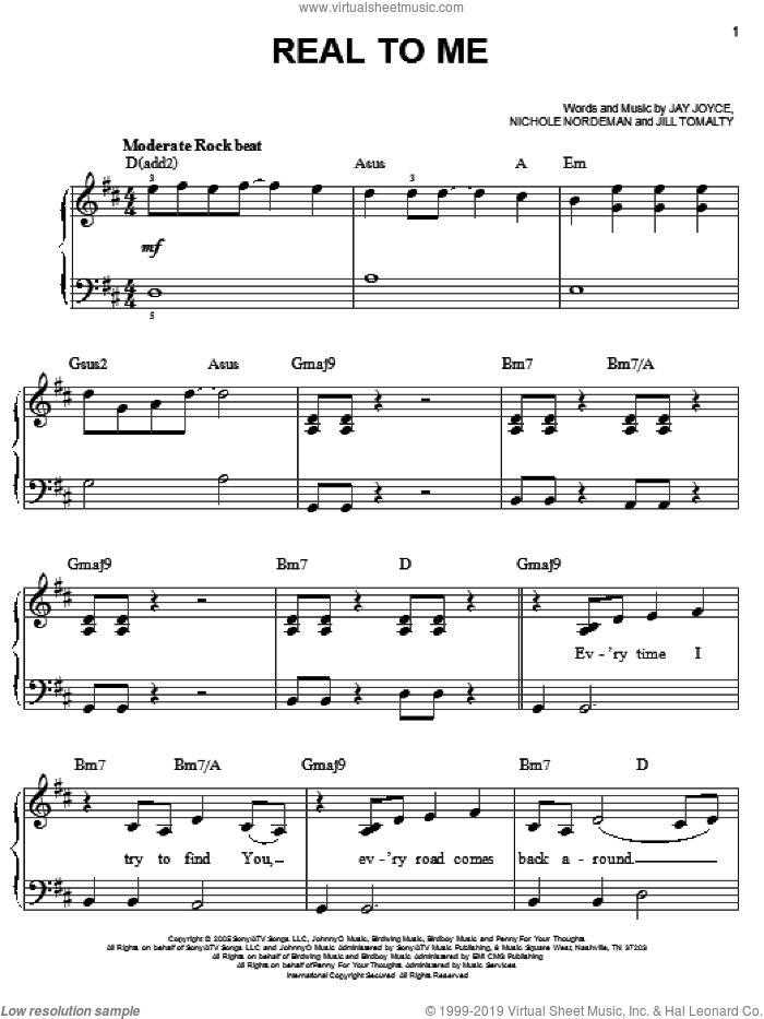 Real To Me sheet music for piano solo by Nichole Nordeman, Jay Joyce and Jill Tomalty, easy skill level