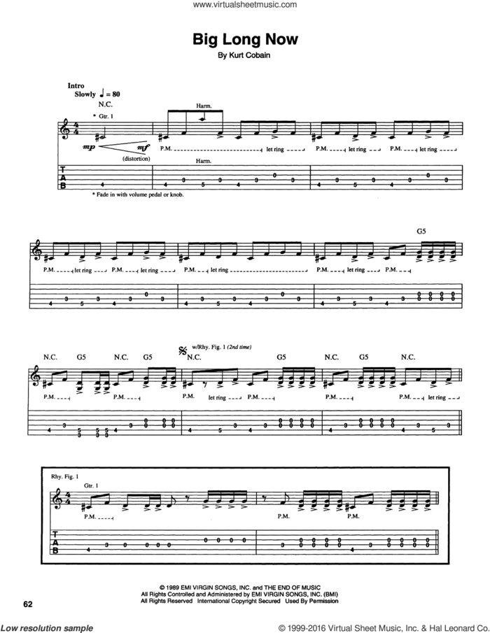 Big Long Now sheet music for guitar (tablature) by Nirvana and Kurt Cobain, intermediate skill level