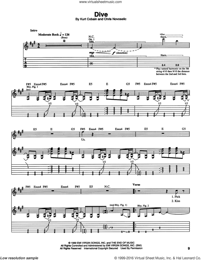 Dive sheet music for guitar (tablature) by Nirvana, Krist Novoselic and Kurt Cobain, intermediate skill level