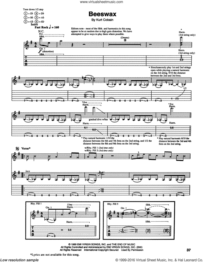 Beeswax sheet music for guitar (tablature) by Nirvana and Kurt Cobain, intermediate skill level
