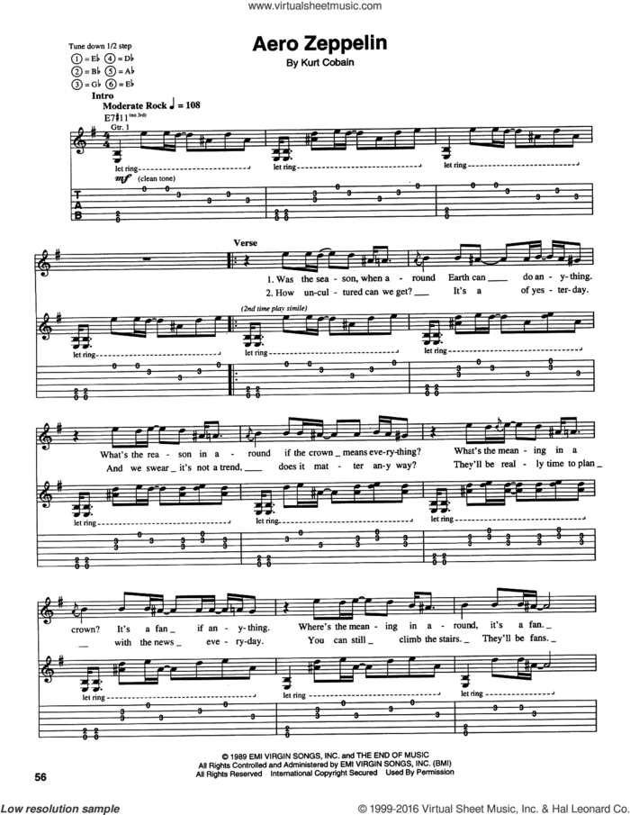 Aero Zeppelin sheet music for guitar (tablature) by Nirvana and Kurt Cobain, intermediate skill level