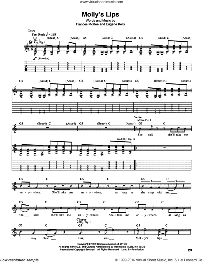 Molly's Lips sheet music for guitar (tablature) by Nirvana, Eugene Kelly and Frances McKee, intermediate skill level