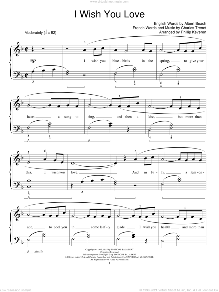 I Wish You Love (arr. Phillip Keveren) sheet music for piano solo (elementary) by Charles Trenet, Phillip Keveren and Albert Beach, beginner piano (elementary)