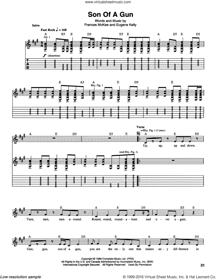 Son Of A Gun sheet music for guitar (tablature) by Nirvana, Eugene Kelly and Frances McKee, intermediate skill level