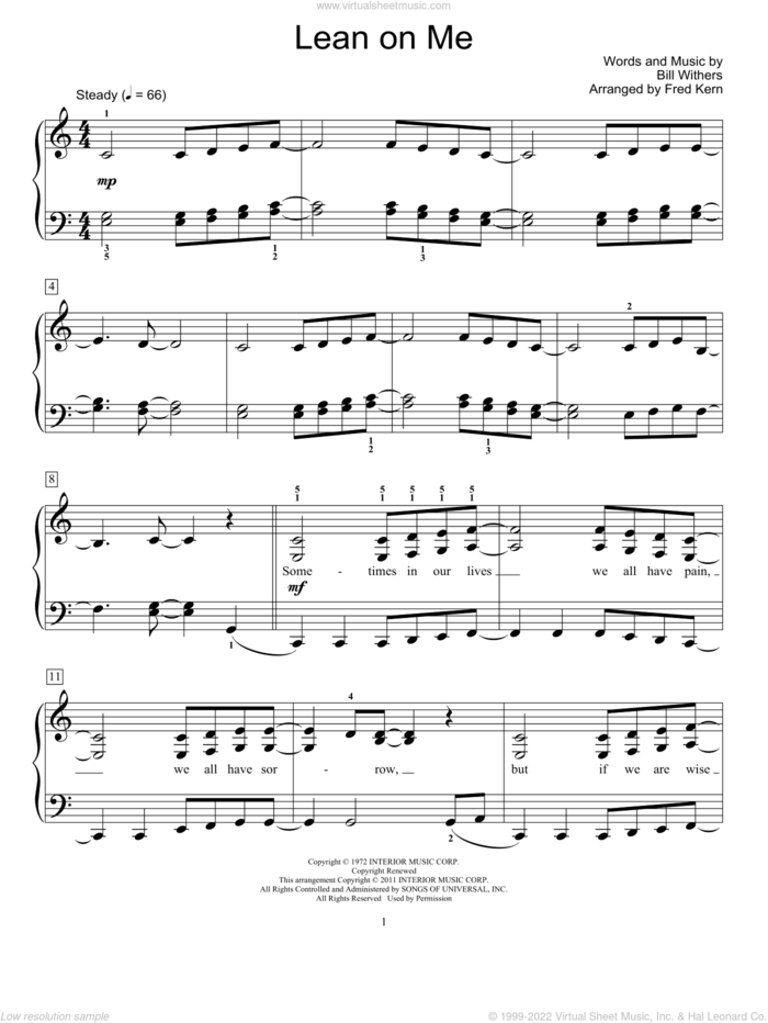 Lean On Me sheet music for piano solo (elementary) by Bill Withers, beginner piano (elementary)