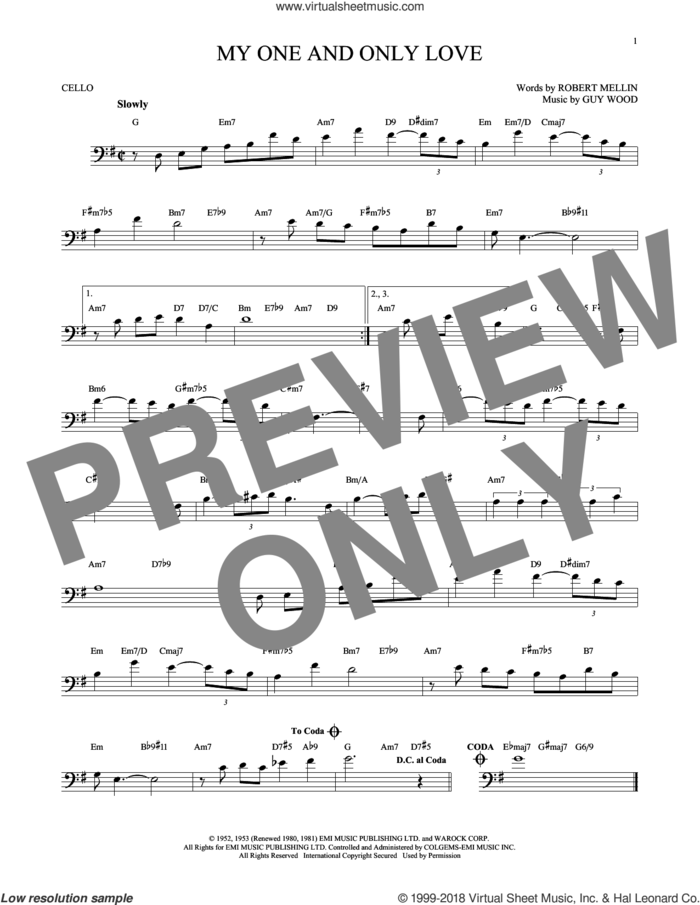 My One And Only Love sheet music for cello solo by Guy Wood and Robert Mellin, intermediate skill level