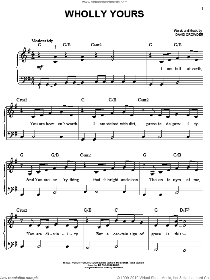 Wholly Yours sheet music for piano solo by David Crowder Band and David Crowder, easy skill level