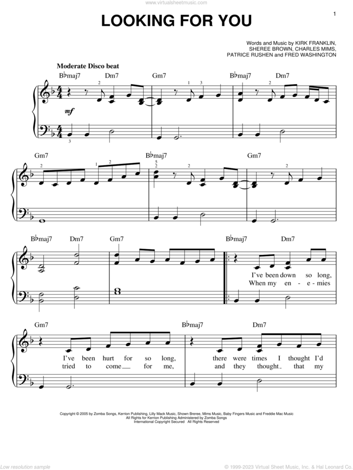 Looking For You sheet music for piano solo by Kirk Franklin, Charles Mims, Fred Washington, Patrice Rushen and Sheree Brown, easy skill level