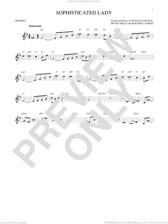 Sophisticated Lady sheet music for trumpet solo by Duke Ellington, Irving Mills and Mitchell Parish, intermediate skill level