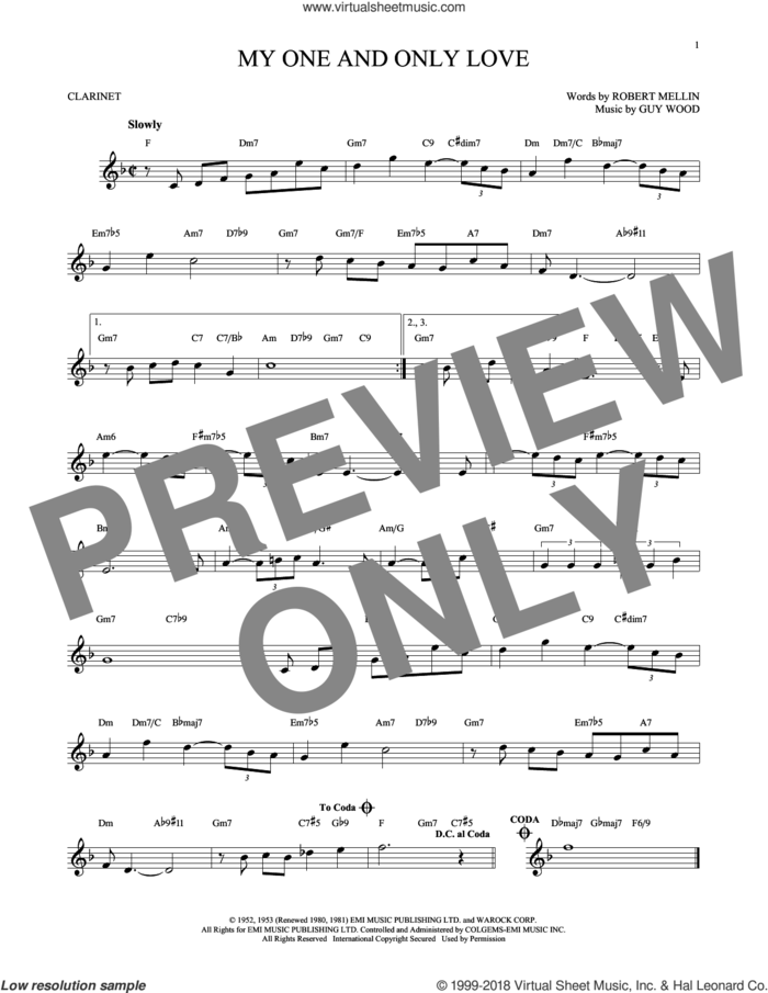 My One And Only Love sheet music for clarinet solo by Guy Wood and Robert Mellin, intermediate skill level