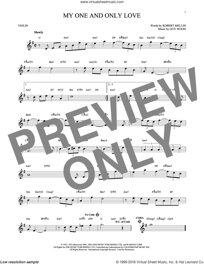 My One And Only Love sheet music for violin solo by Guy Wood and Robert Mellin, intermediate skill level