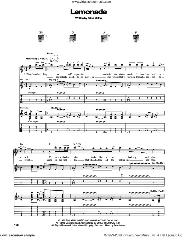 Lemonade sheet music for guitar (tablature) by Blind Melon, intermediate skill level
