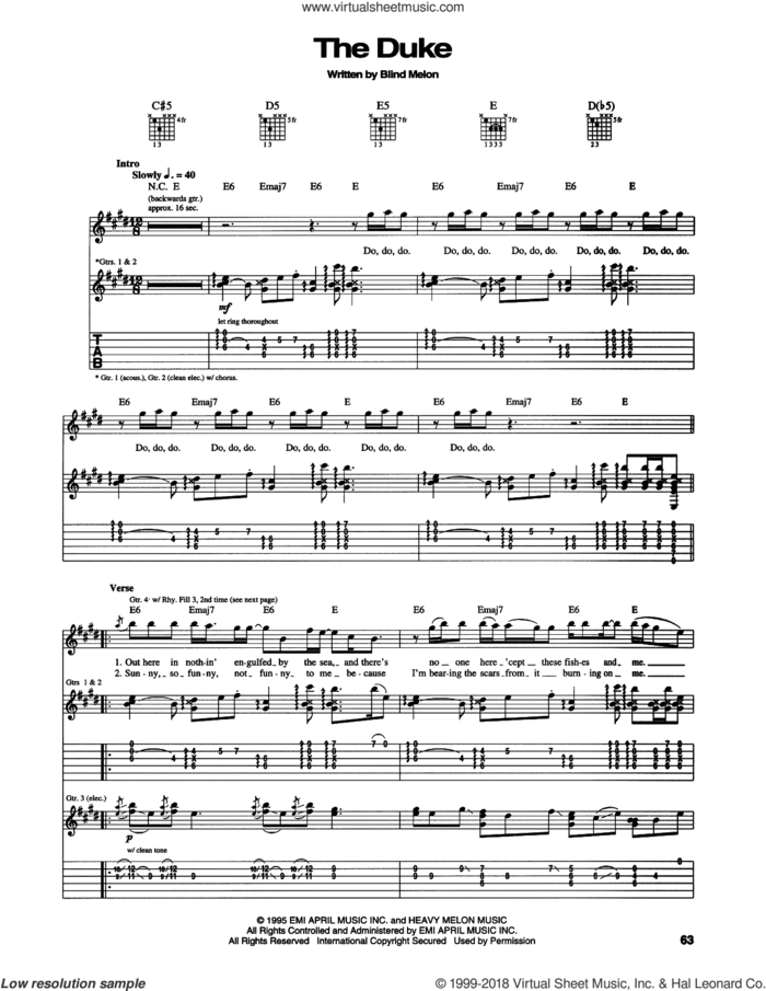 The Duke sheet music for guitar (tablature) by Blind Melon, intermediate skill level