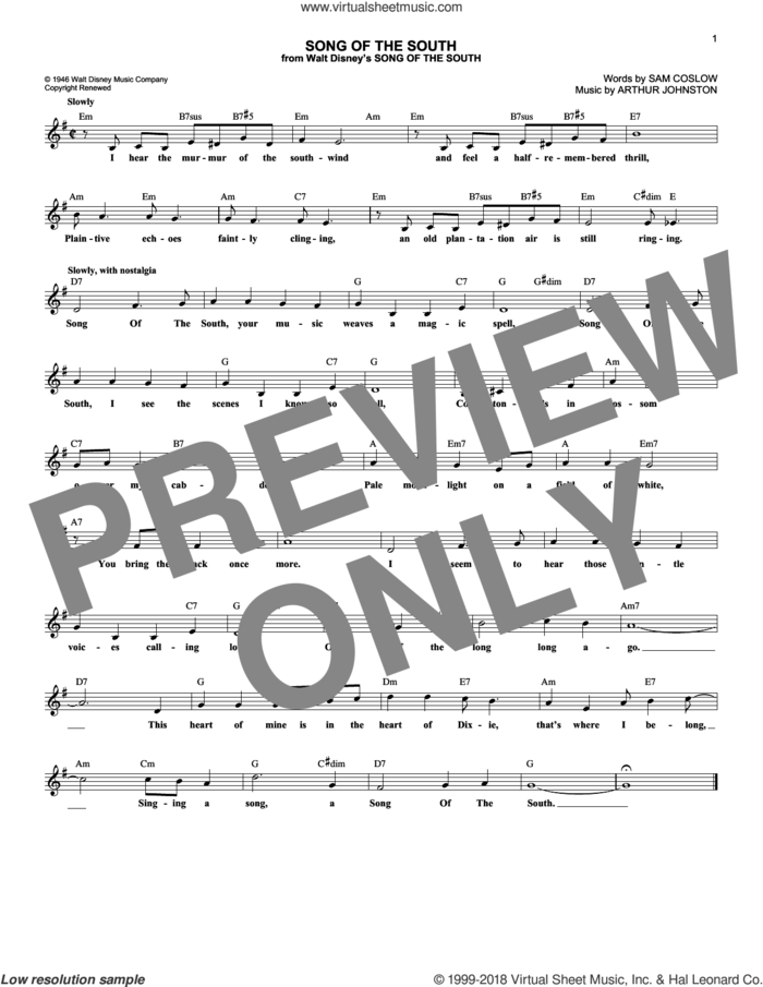 Song Of The South sheet music for voice and other instruments (fake book) by Sam Coslow and Arthur Johnston, intermediate skill level