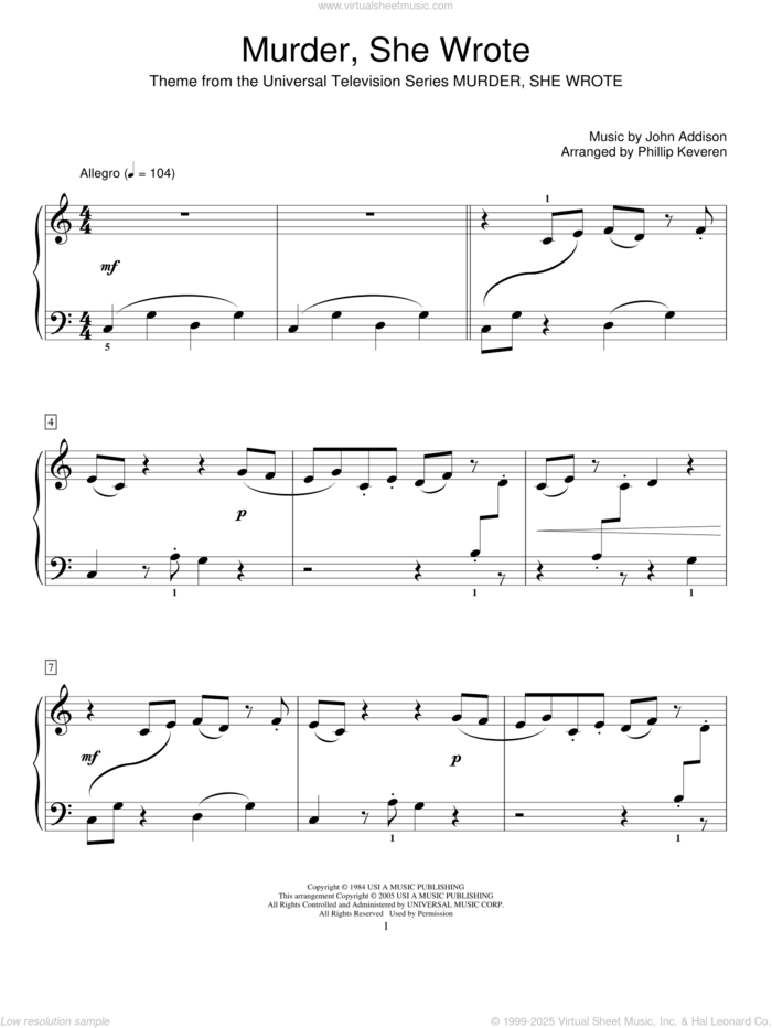 Murder, She Wrote (arr. Phillip Keveren) sheet music for piano solo (elementary) by John Addison and Phillip Keveren, beginner piano (elementary)