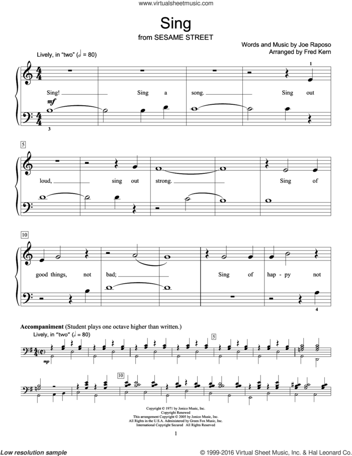 Sing (from Sesame Street) (arr. Fred Kern) sheet music for piano solo (elementary) by Carpenters, Fred Kern and Joe Raposo, beginner piano (elementary)