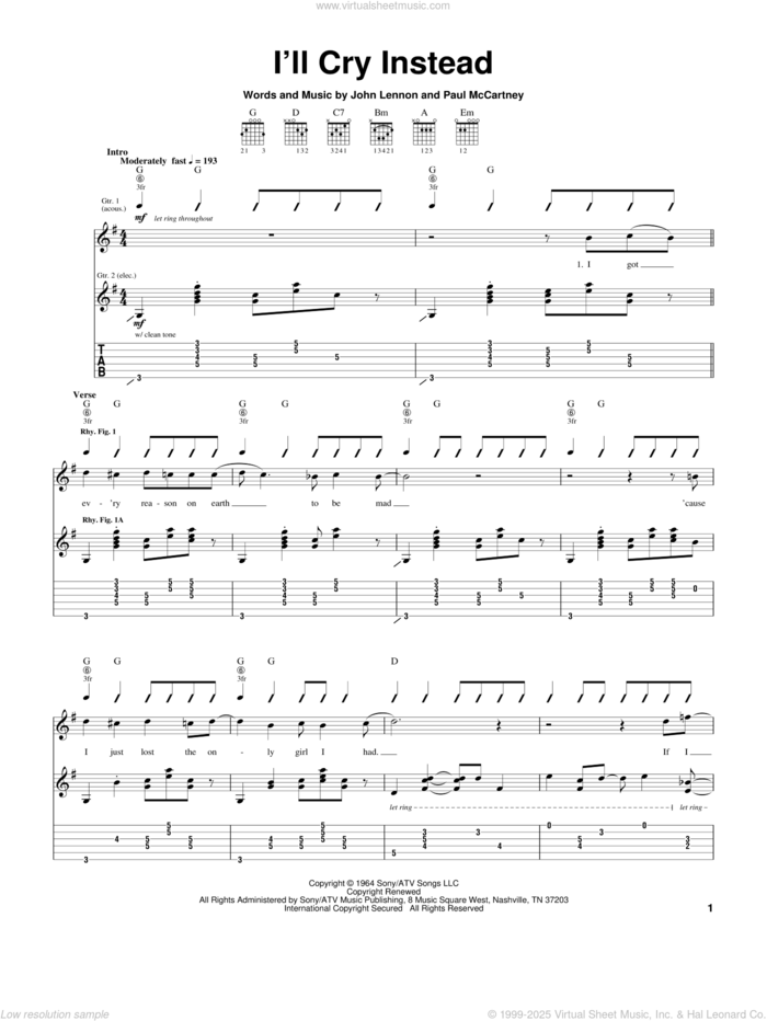 I'll Cry Instead sheet music for guitar (tablature) by The Beatles, John Lennon and Paul McCartney, intermediate skill level