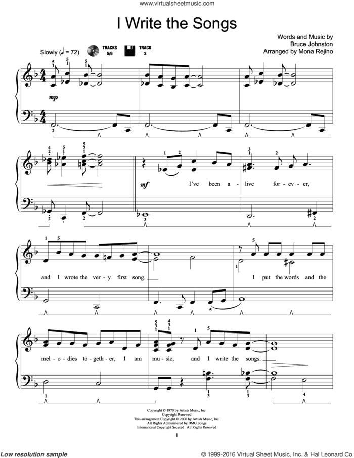 I Write The Songs sheet music for piano solo (elementary) by Mona Rejino and Bruce Johnston, beginner piano (elementary)