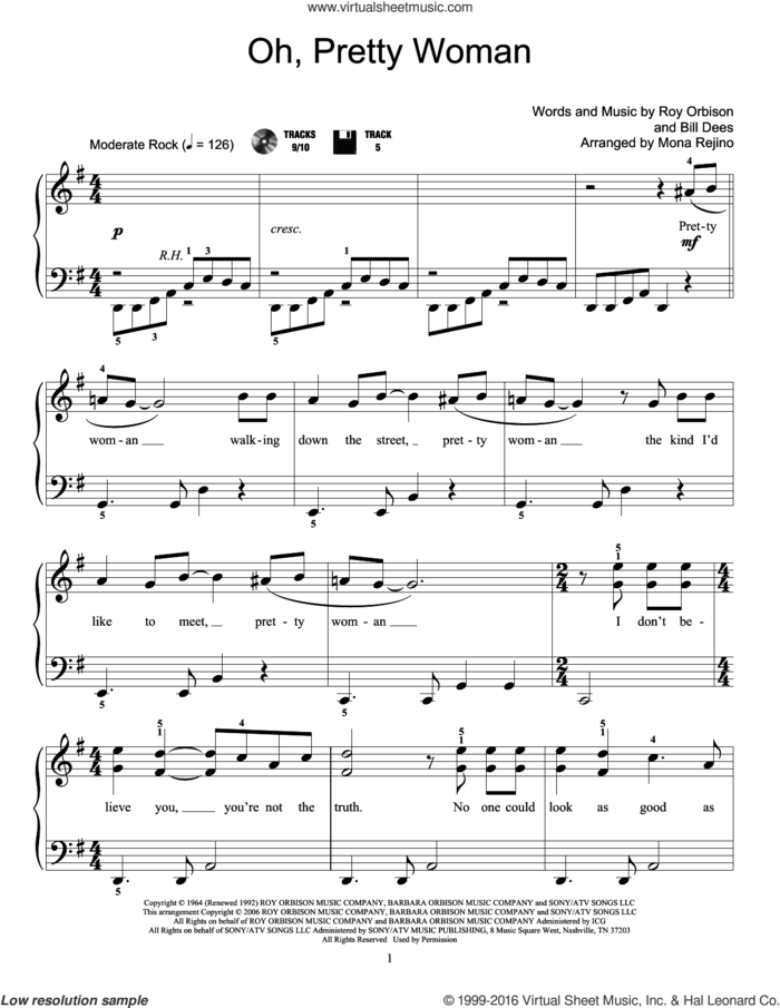 Oh, Pretty Woman sheet music for piano solo (elementary) by Roy Orbison and Mona Rejino, beginner piano (elementary)